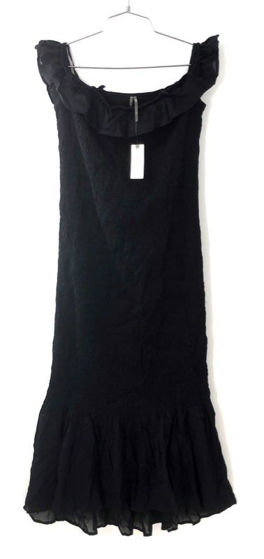 Anthropologie Women's Black Smocked Ruffle Off-Shoulder Rayon Dress Sz