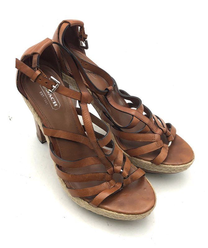 Coach Tan Leather Strappy Espadrille Platform Wedge Sandals Women's Size 7.5 B