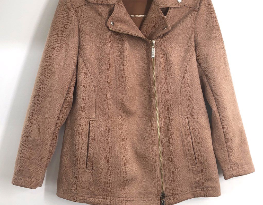 Chico's Women's Tan Snakeskin Faux Suede Asymmetrical Zip Moto Jacket Sz 0P