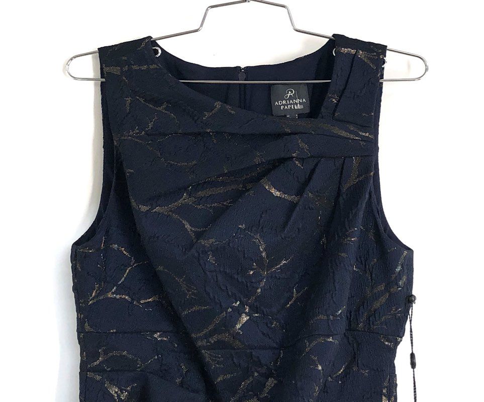Adrianna Papell Women's Navy Gold Metallic Jacquard Sheath Dress Sz 6 NWT