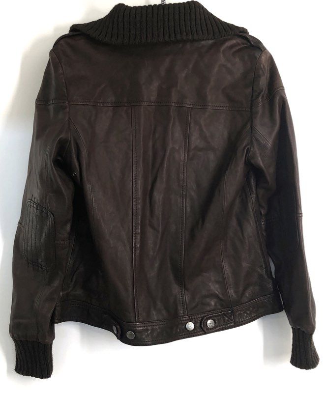 Eddie Bauer Women's Brown Lamb Leather Knit Trim Bomber Jacket Sz L