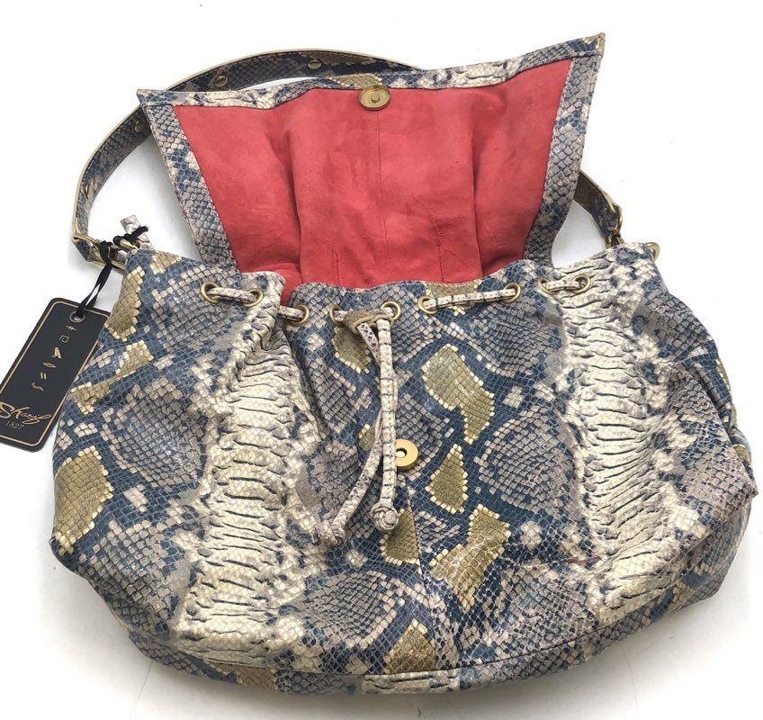Sharif Legacy Blue Grey Snakeskin Print Hobo Shoulder Bag Gold Lock NWT