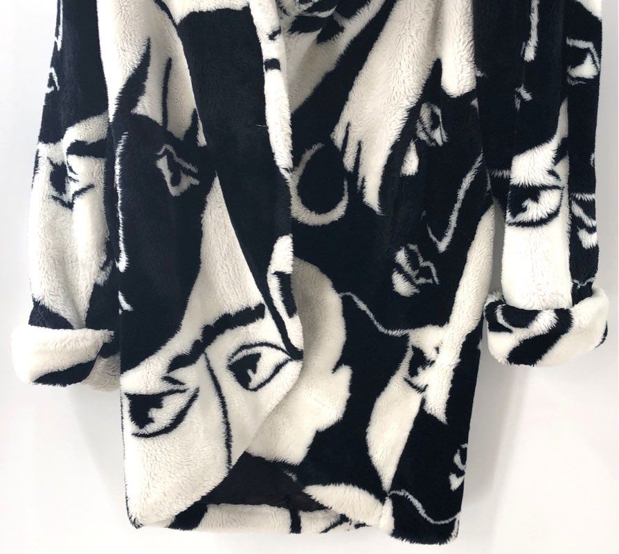 Vintage 80s Donnybrook Women's Faux Fur Coat Black White Faces Print Art Sz S