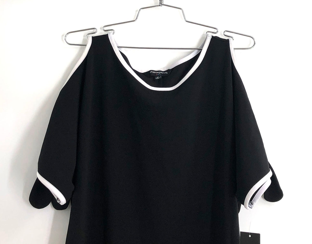 Sharagano Women's Black Cold Shoulder Dress White Trim Stretch NWT Size 16