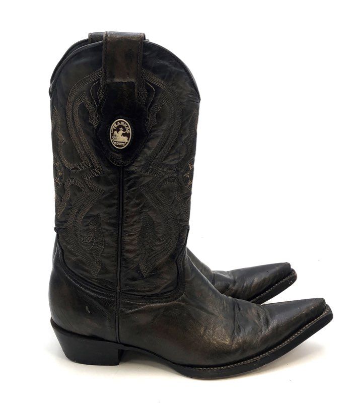 Las Trampas Black Leather Pointed Toe Stitched Western Cowboy Boots Size 8