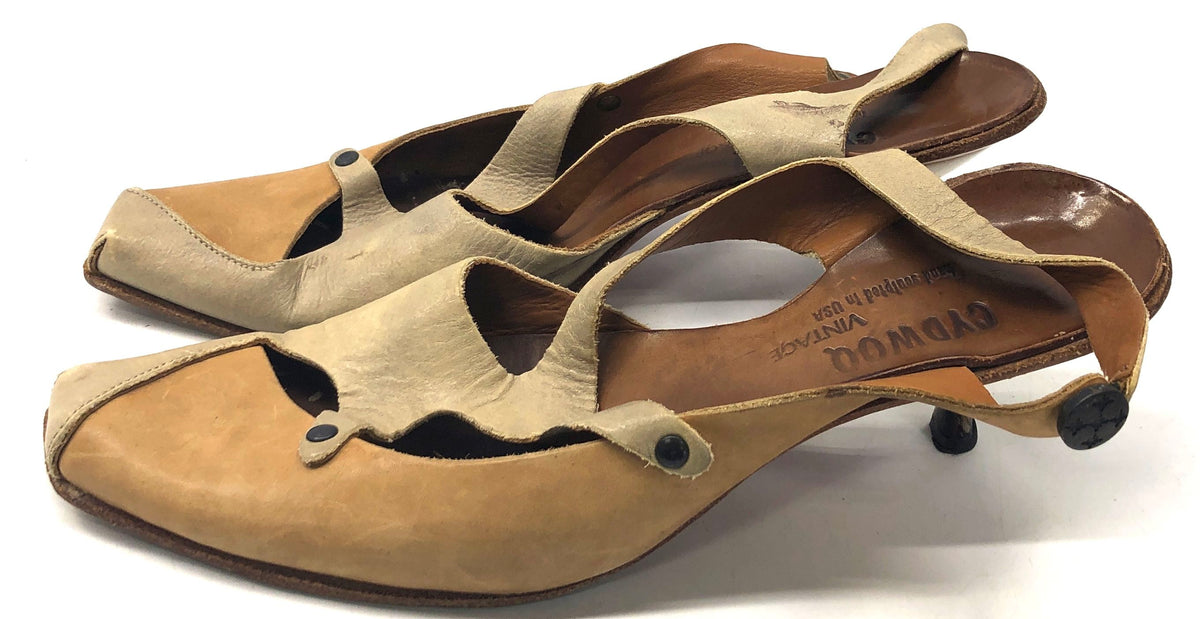 Vintage Cydwoq Hand Sculpted Leather Slingback Kitten Heel Sandals Tan Size 38