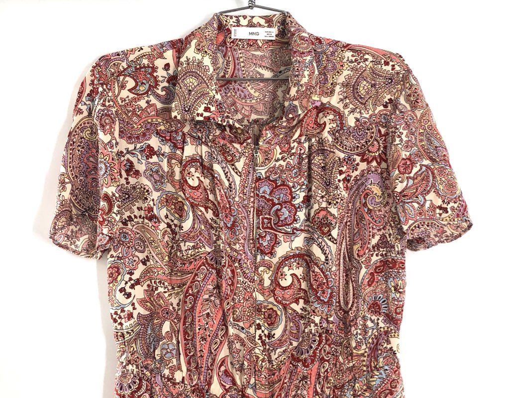 Mango MNG Women's Red Paisley Short Sleeve Half Zip Drawstring Romper Size M