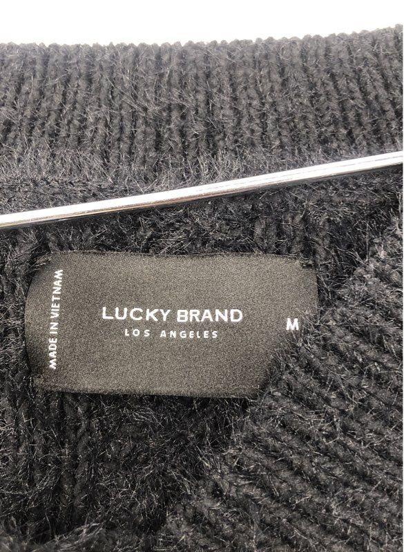 Lucky Brand Women's Black Fuzzy Cable Knit V-Neck Deep V-Back Sweater Sz M NWT