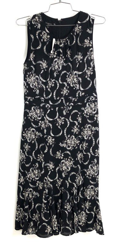 Talbots Women's Petite Black White Floral Ribbon Print Sleeveless Dress Sz 2P