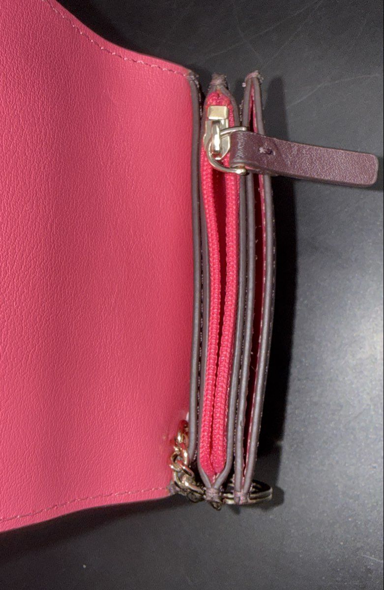 Kate Spade Burgundy Plum Scallop Leather Card Case Keychain Wallet Pink Interior