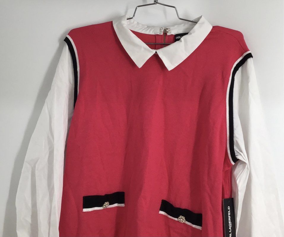 Karl Lagerfeld Paris Women's Pink White Mock Layer Knit Top Collared Sz L NWT