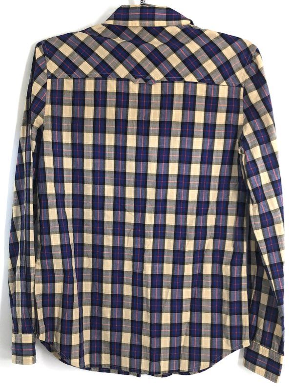Barneys New York CO-OP Women's Western Snap Shirt Blue Tan Plaid Sz XS