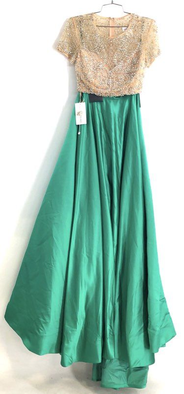 Ashley Lauren Women's Emerald Green 2 Piece Beaded Gown Satin Skirt Sz 2 NWT
