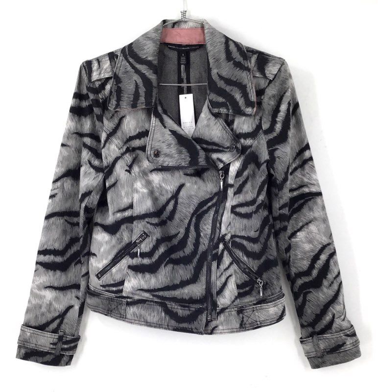 NWT White House Black Market Women's Black Gray Tiger Motorcycle Jacket - Size 8