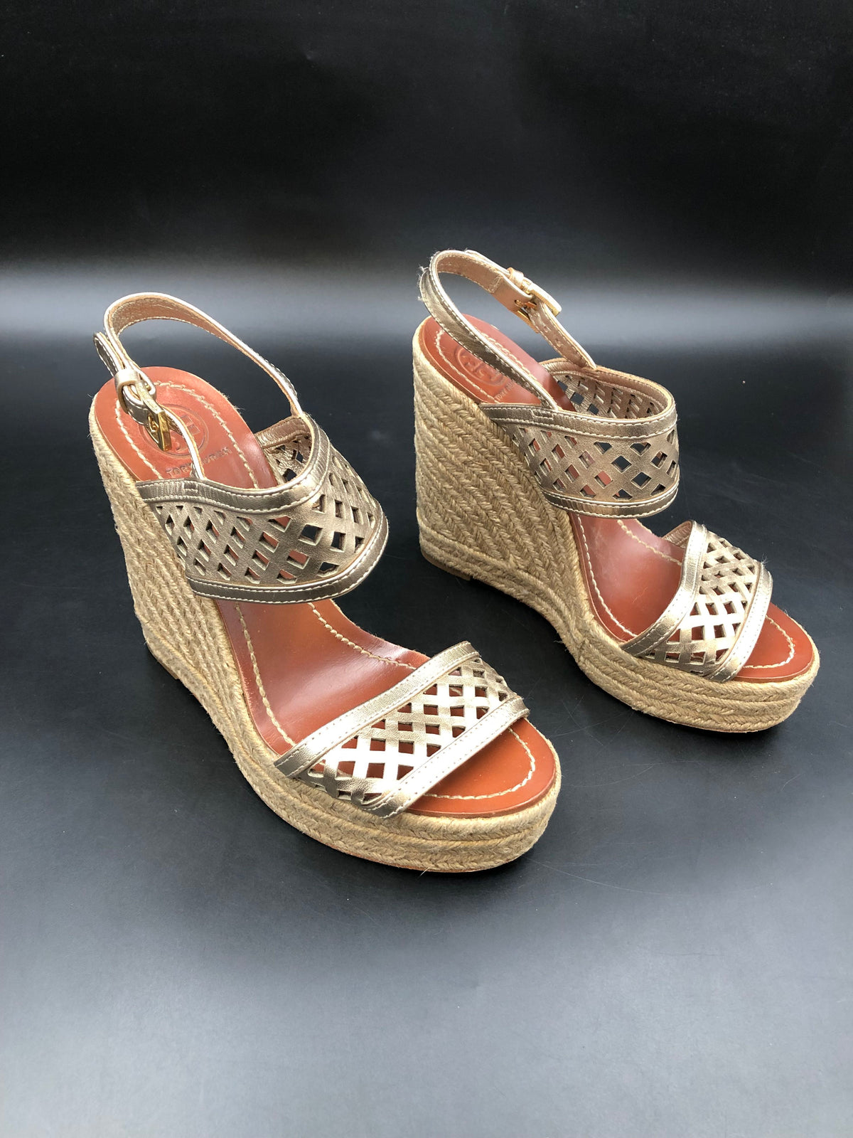 Tory Burch Metallic Gold Laser-Cut Espadrille Wedge Sandals Size 7 COA