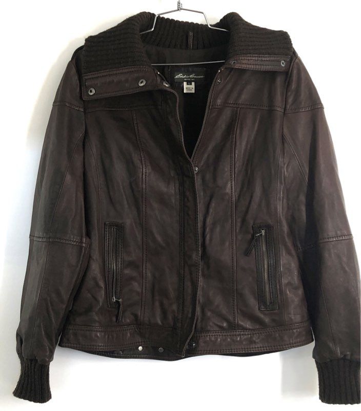 Eddie Bauer Women's Brown Lamb Leather Knit Trim Bomber Jacket Sz L