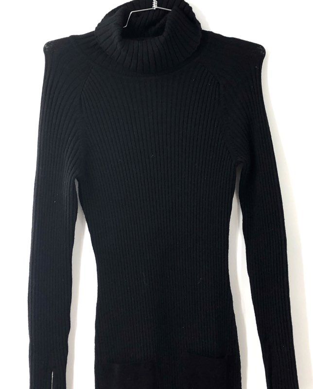 Milly Women's Black Ribbed Wool Knit Turtleneck Dress Suede Pockets Sz M