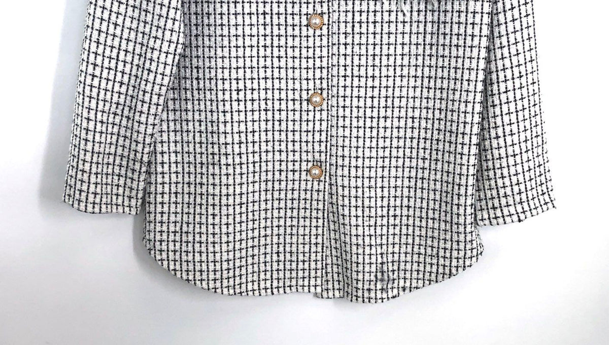 P PLM Women's White Black Tweed Grid Pearl Buttons Fringed Shacket Jacket Sz XS