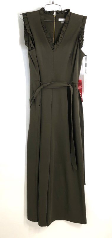 Calvin Klein Women's Olive Green Ruffle V-Neck Wide Leg Jumpsuit Sz 12 NWT