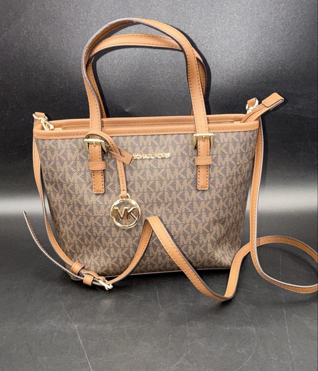 Michael Kors Brown Monogram Jet Set Travel Medium Top Zip Tote Gold Hardware