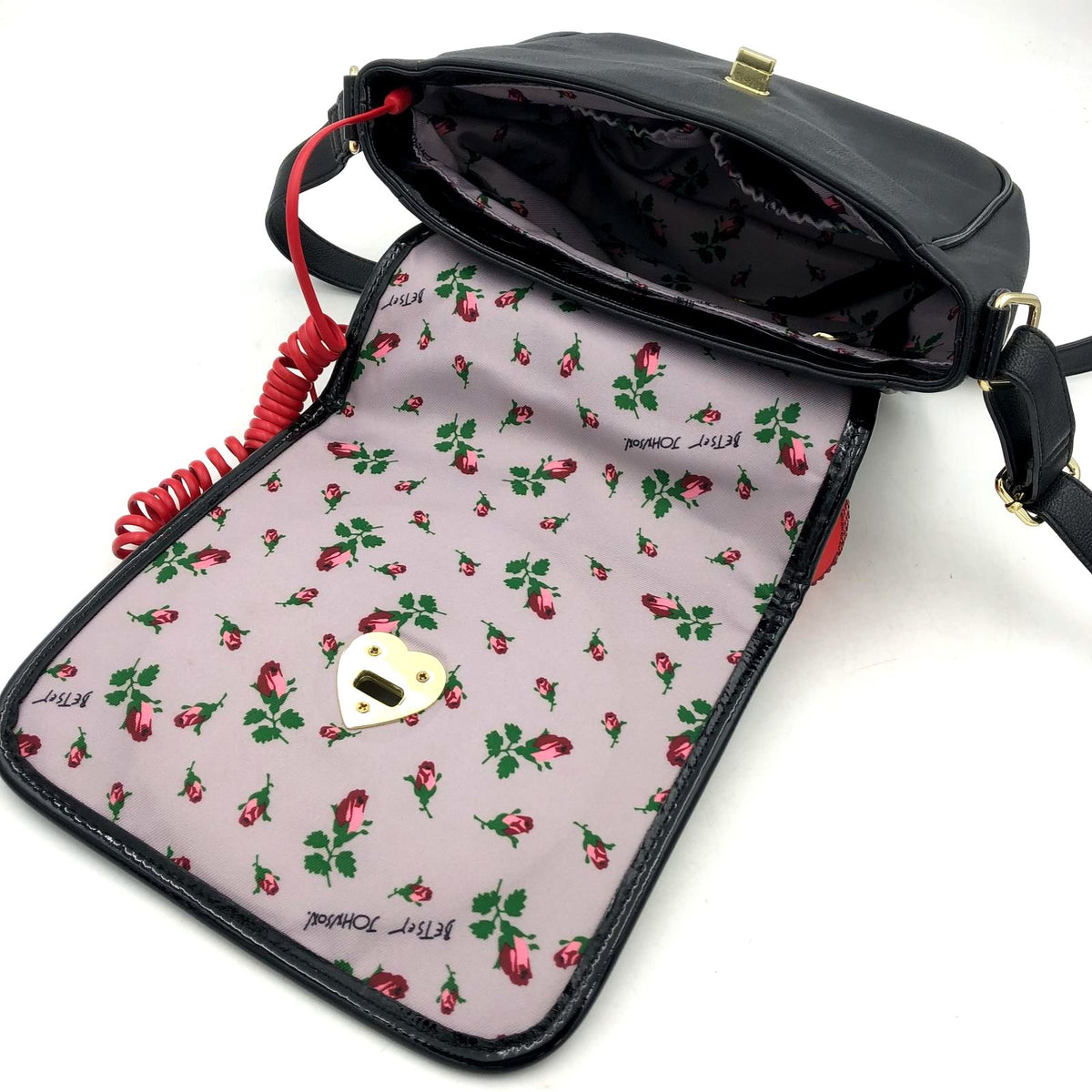 Betsey Johnson Kitsch &quot;Call Me&quot; Black/Red Cell Connectible Phone Crossbody Bag