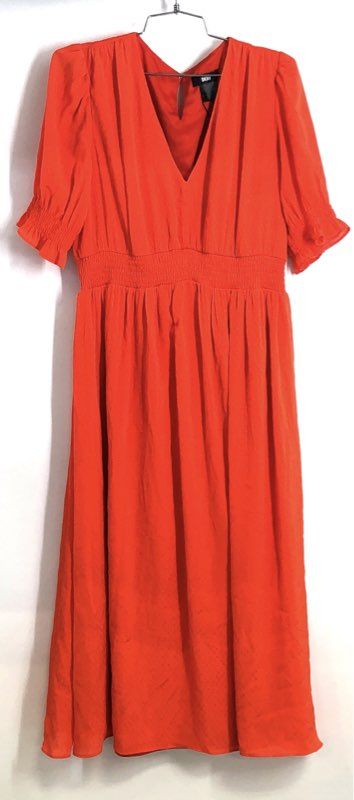 DKNY Women's Orange Smocked Waist Textured Midi Dress V-Neck NWT Sz 12