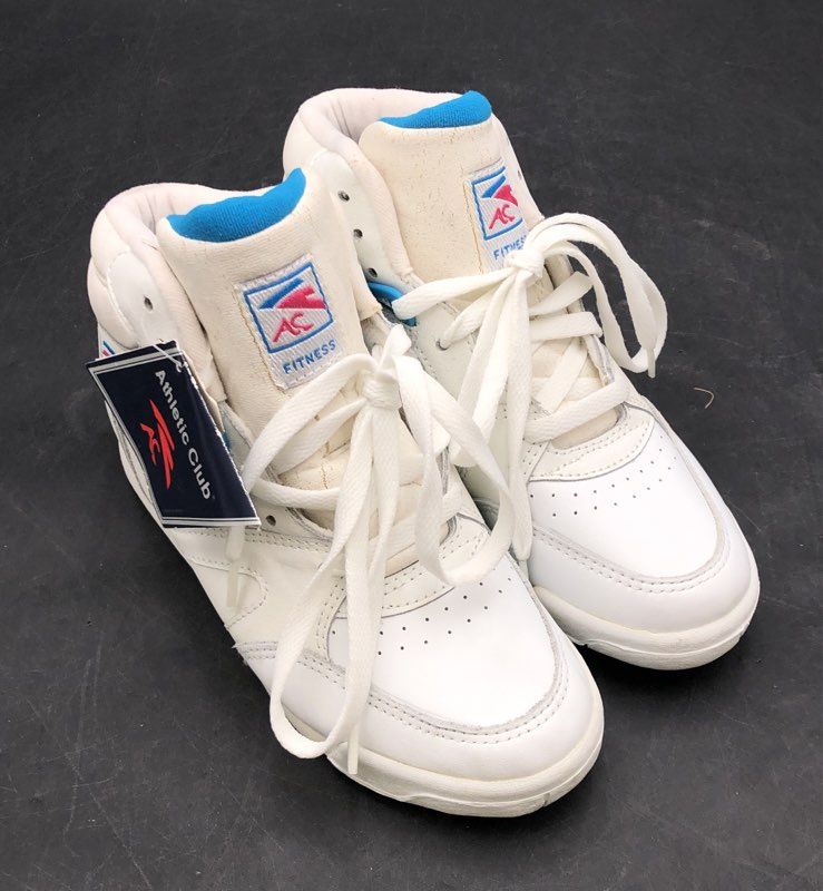 Vintage 90s Athletic Club AC Fitness High Top Sneakers White Blue Red Size 5 DS