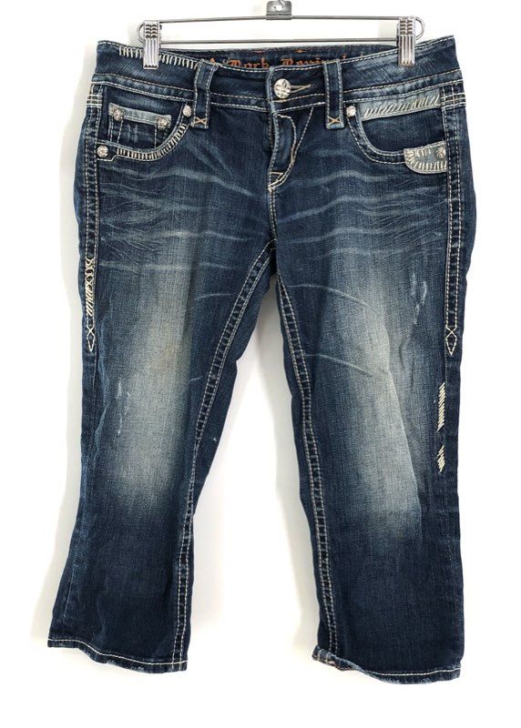 Rock Revival Women's Alanis Capri Jeans Blue Embellished Distressed Sz 27