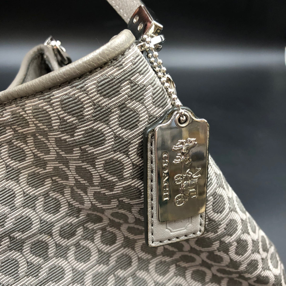 Coach Grey Madison Op Art Needlepoint Burrow Shoulder Bag Silver Hardware COA