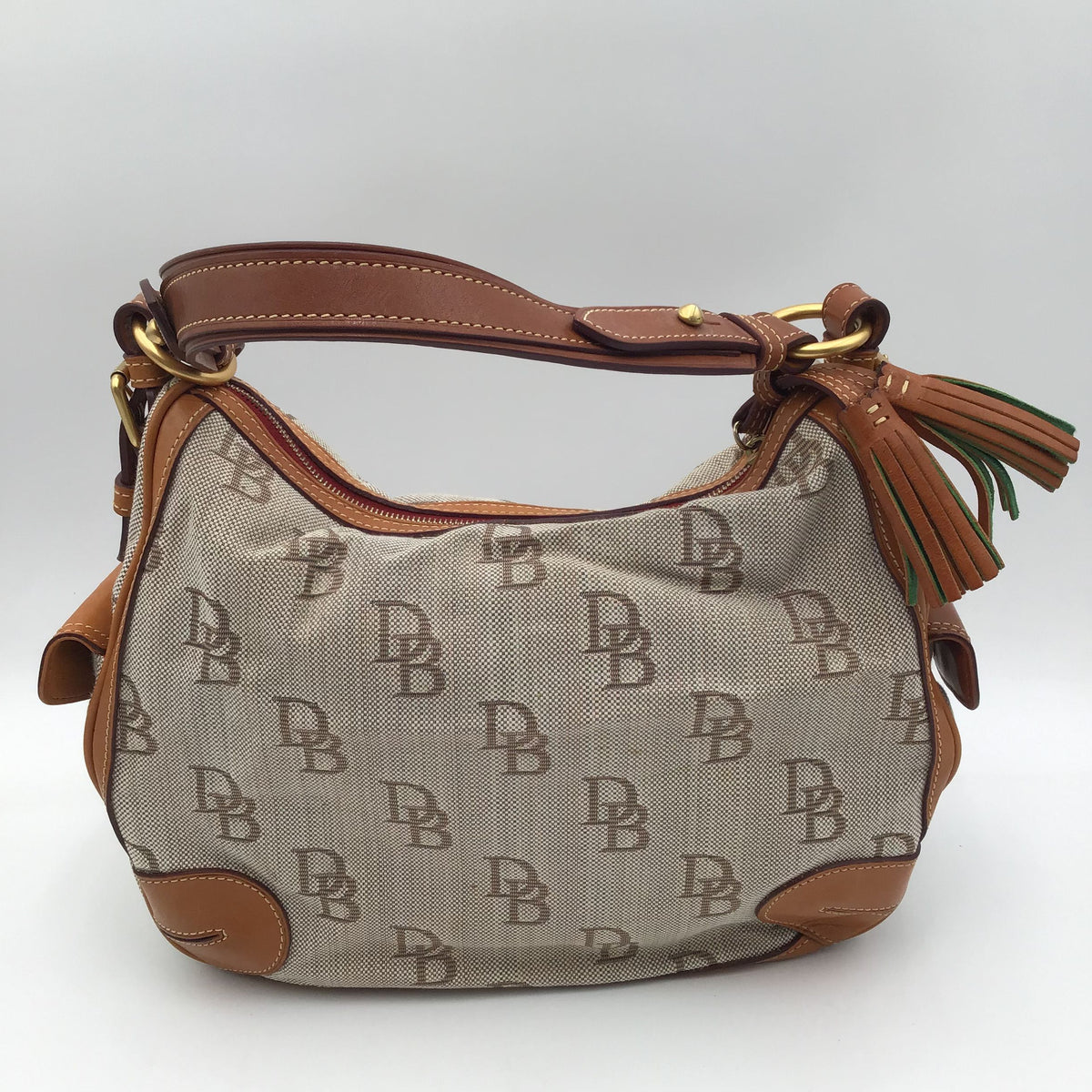 Authentic Dooney &amp; Bourke Women&#39;s Tan Luxury Logo Print Hobo Bag - COA Included