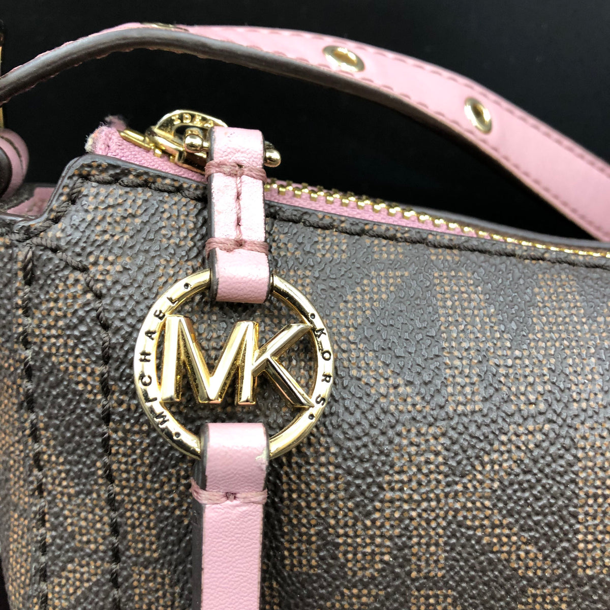 Michael Kors Brown Pink Jet Set Crescent Crossbody Bag Gold Hardware COA
