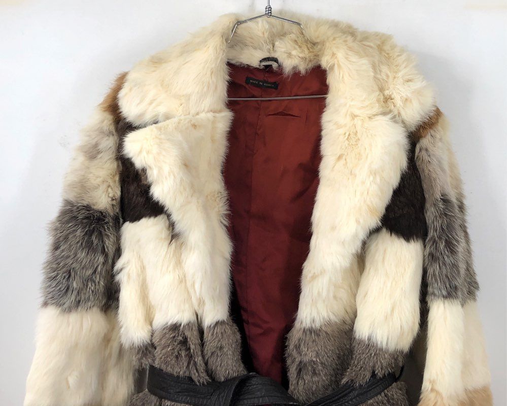 Vintage 70s Patchwork Rabbit Fur Belted Jacket Coat Made in Korea Sz L