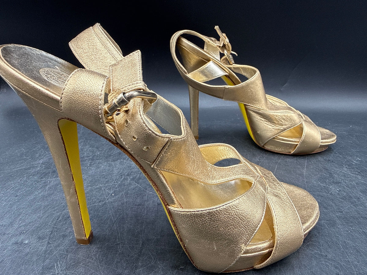 Versace Gold Leather Strappy Platform High Heel Sandals COA Size 38
