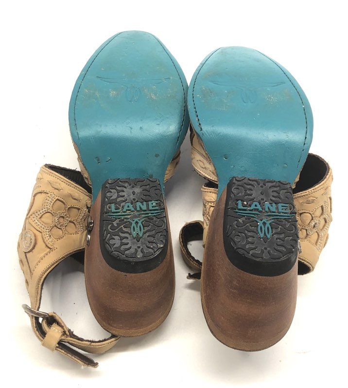 Lane Tan Floral Embroidered Leather Western Slingback Sandals Size 5.5