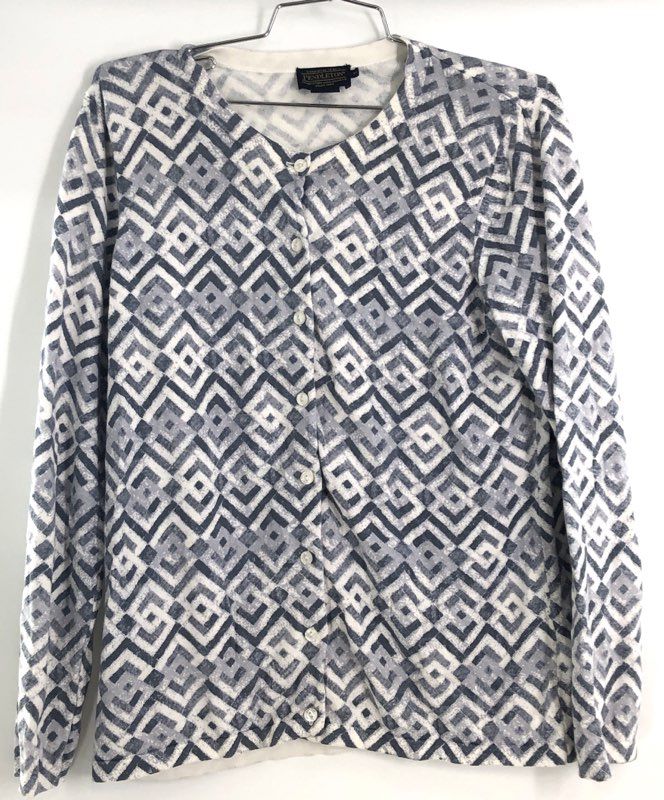 Pendleton Women's Blue Gray Geometric Maze Pattern Cotton Button Cardigan Sz M