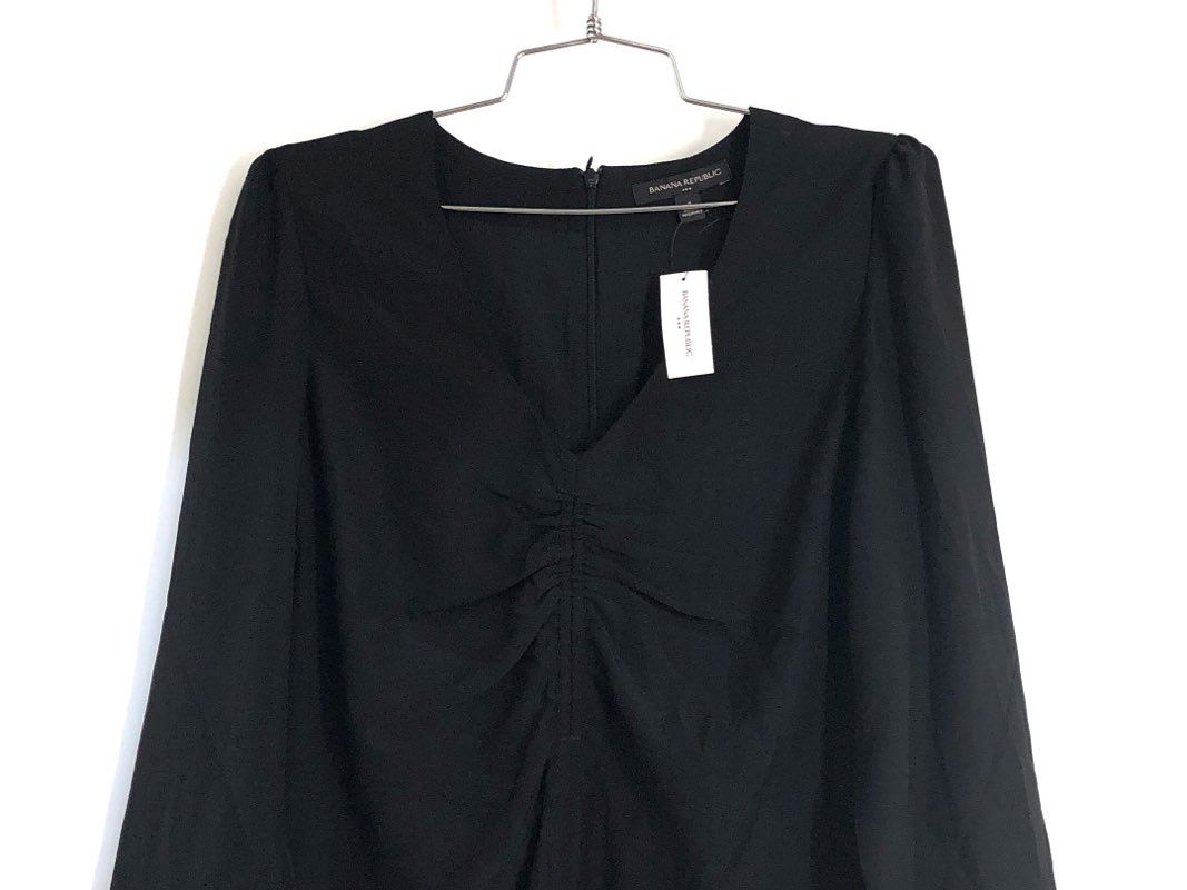 Banana Republic Women's Black Ruched V-Neck Long Sleeve Midi Dress Sz 4 NWT