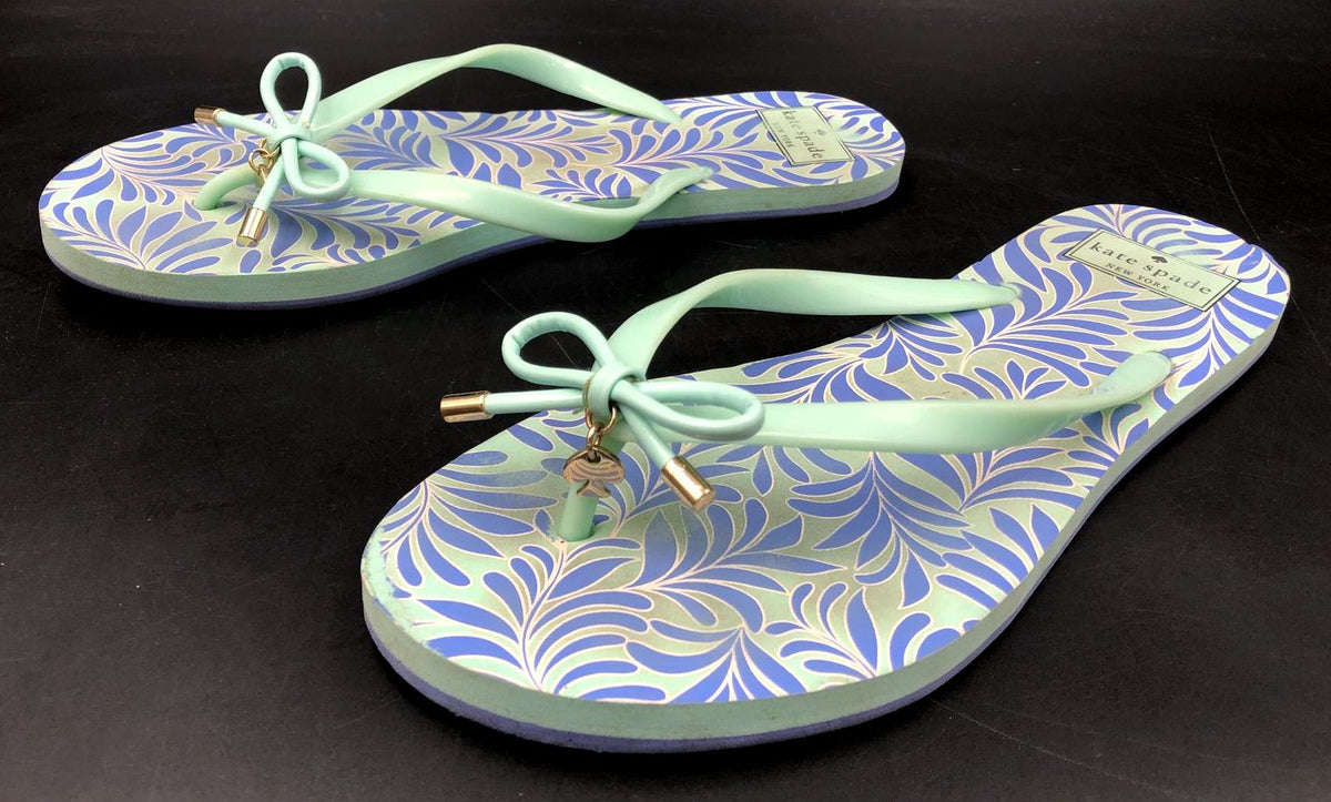 Kate Spade Women&#39;s Blue/Teal Floral Print Flip Flop Sandals - Size 10 (+COA)