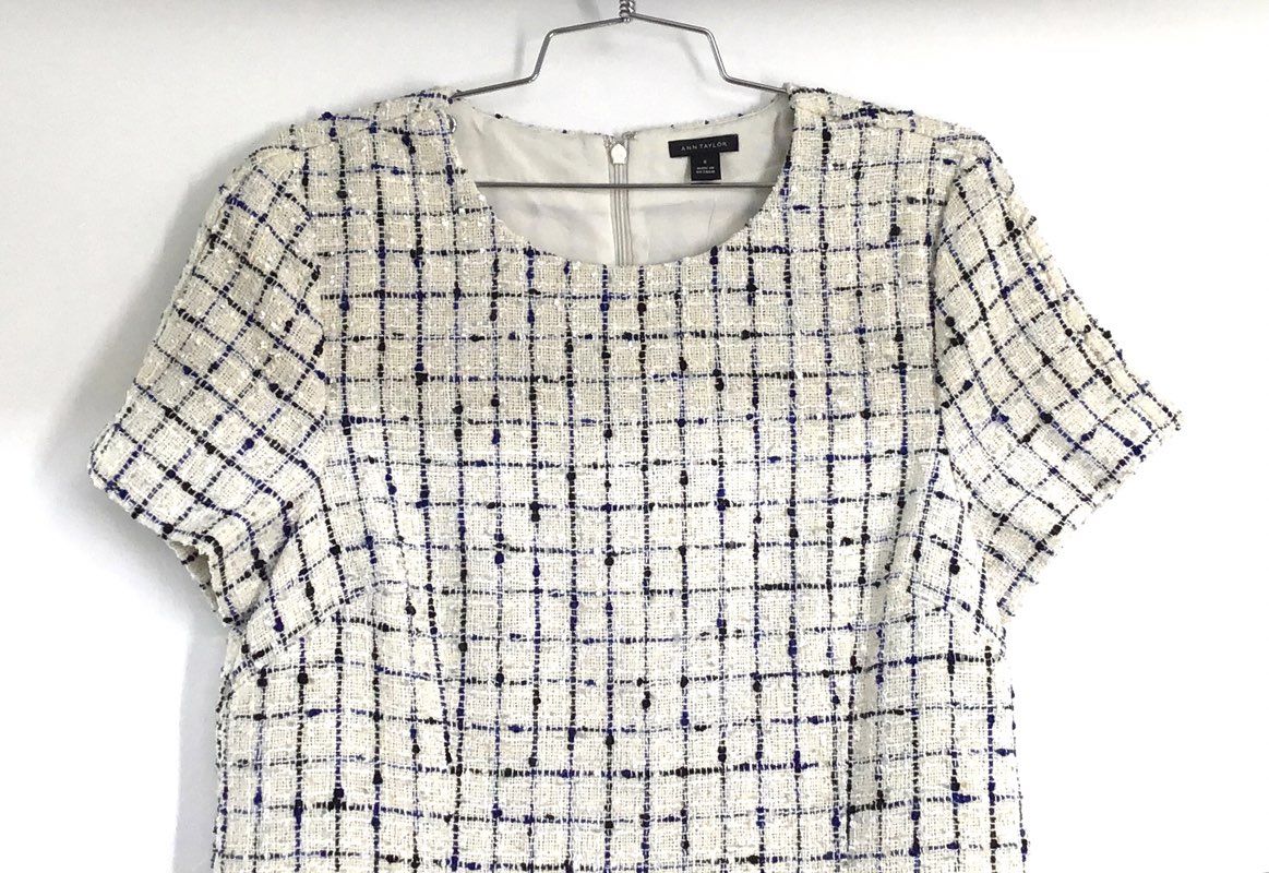 Ann Taylor Women's Cream Blue Black Plaid Grid Tweed Sheath Dress Sz 8 NWT