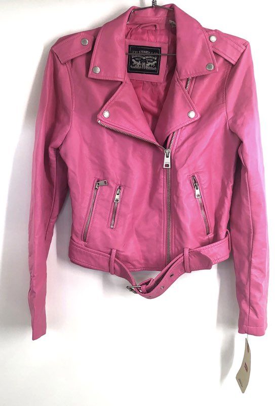 Levi Strauss Women's Pink Faux Leather Moto Biker Jacket Belted Coat Sz S NWT