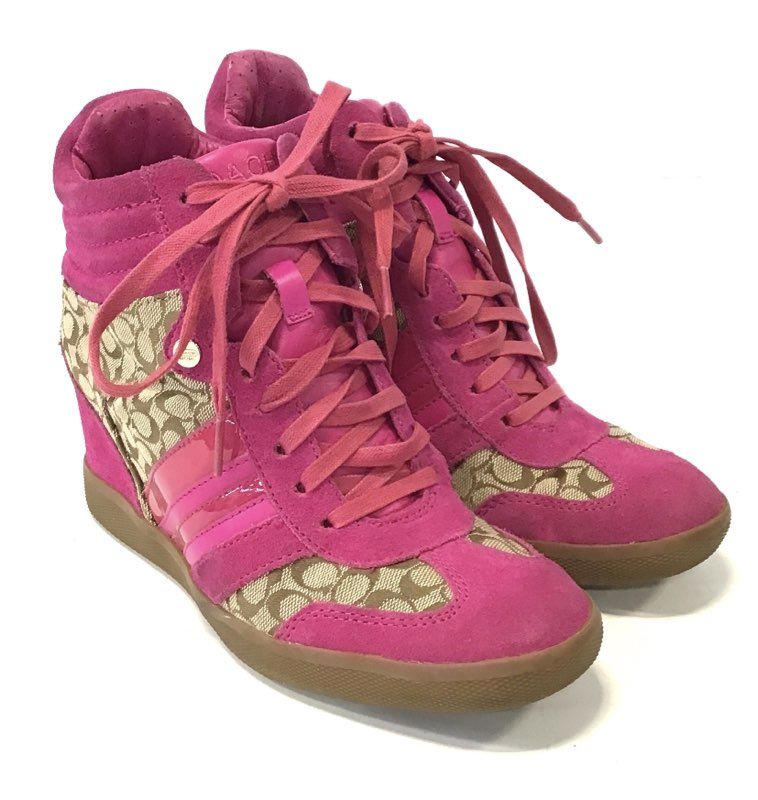 Coach Alara Signature Jacquard Hot Pink Suede Wedge Heel Sneakers Size 7M