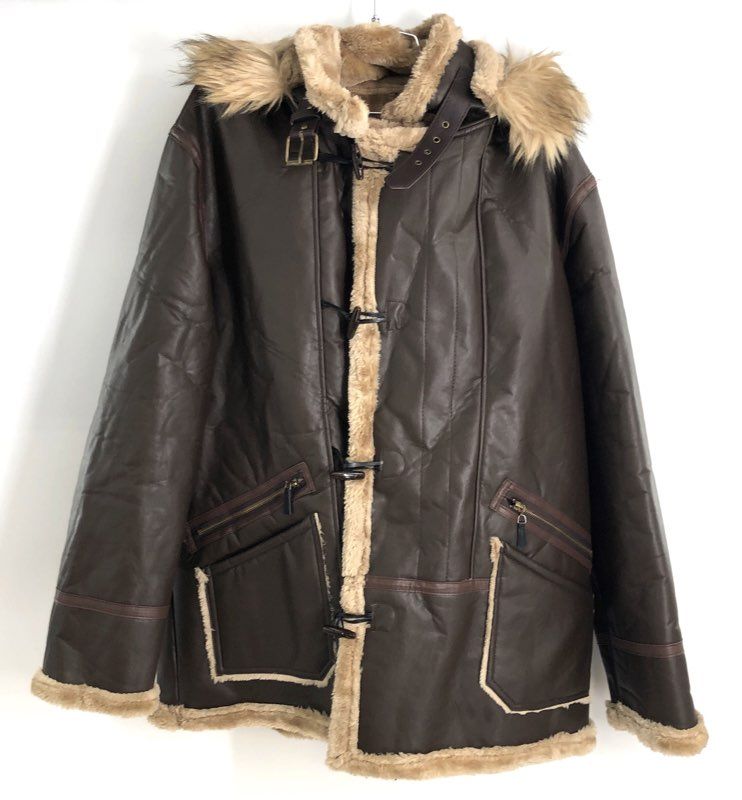 Men's Brown Faux Leather Shearling Hooded Bomber Jacket Toggle Closure Sz 2XL