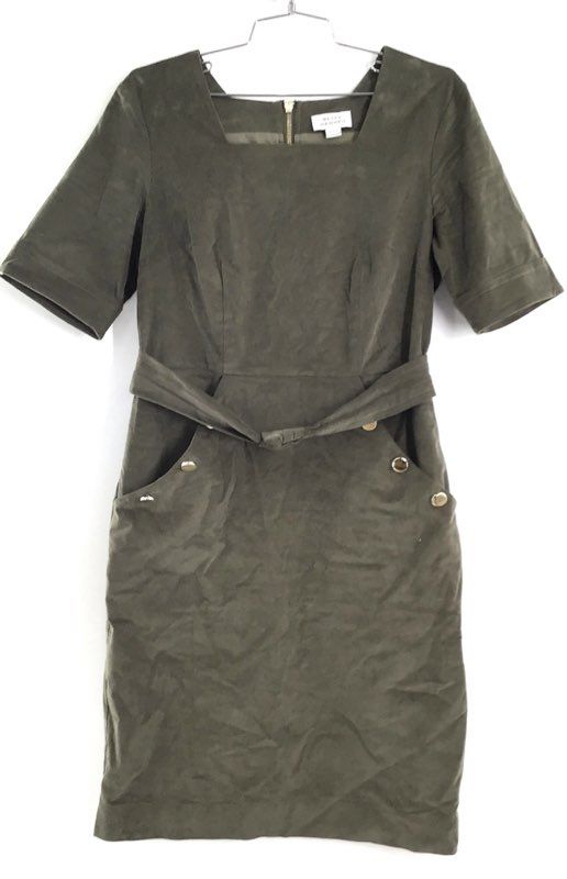 Betty Hannah Women's Olive Green Fine Corduroy Square Neck Belted Dress Size M