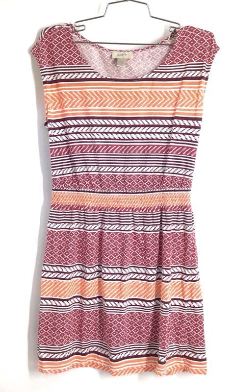 LOFT Women's Maroon Orange Geometric Striped Elastic Waist Jersey Dress Sz S