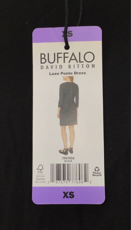 Buffalo David Bitton Women's Black Luxe Ponte Dress 3/4 Sleeve Pockets Sz XS NWT