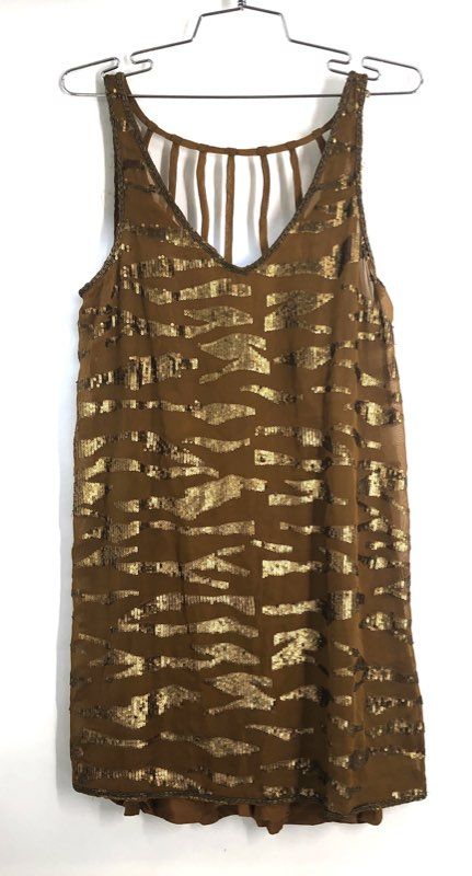 Ecote Women's Dress Brown Gold Sequin Tiger 12 Days Midnight Hour Sz M NWT