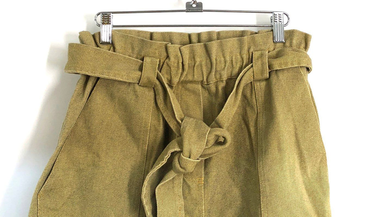FRNCH Women's Paperbag Waist Belted Shorts Mustard Olive Cotton Twill Sz S