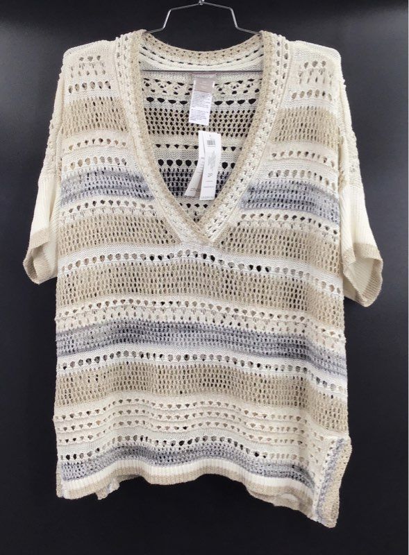 Chico's Women's Tunic Sweater Neutral Striped V-Neck Open Knit NWT Size 2P