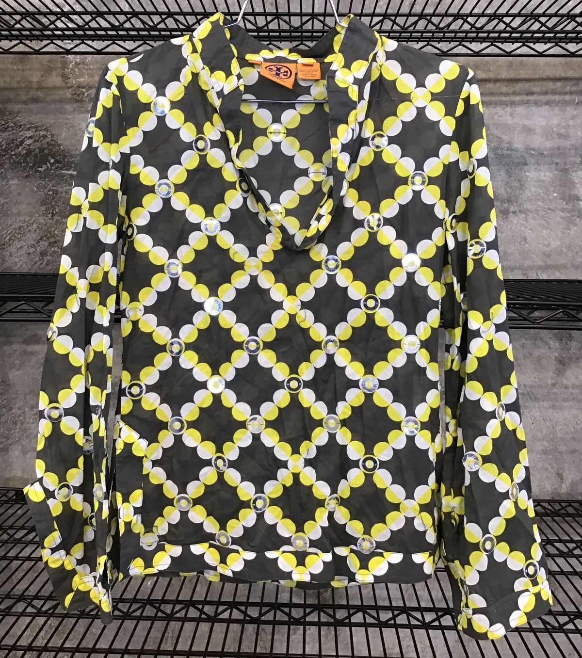 Tory Burch Gray Yellow Dot Print Sheer Cotton Tatum Blouse Women's 0 COA