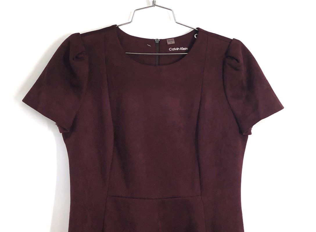 Calvin Klein Women's Burgundy Faux Suede Puff Sleeve Fit Flare Dress Sz 10