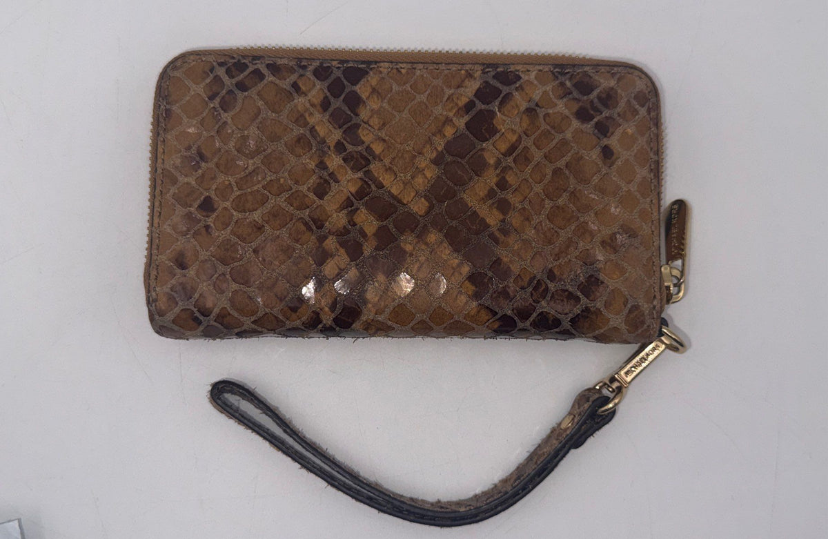 Michael Kors Brown Snakeskin Embossed Leather Zip Around Wristlet Wallet